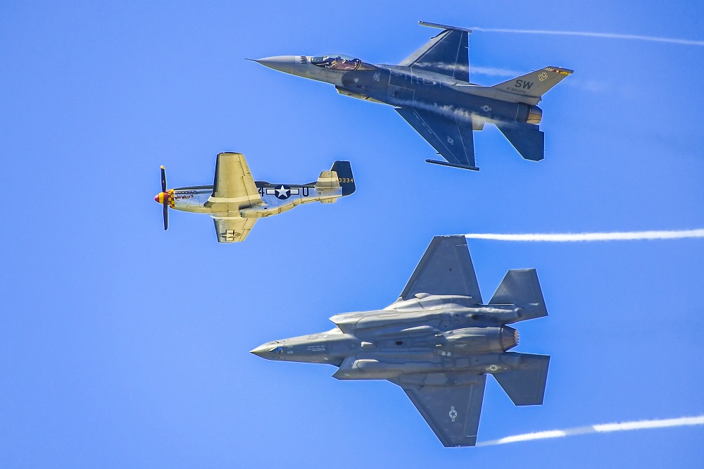 Sun Photo A00045 P-51 and F-16 and F-35 at Huntington Beach Airshow